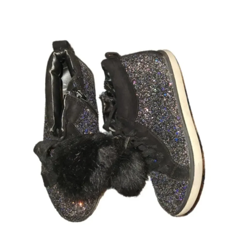 Justice Black Glittery Pompom Shoes || sz4